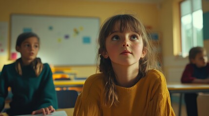 Curious girl in classroom looks up, eager to learn and absorb knowledge from teacher in bright school environment.