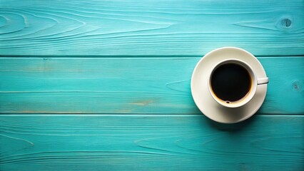Close-up of coffee cup on teal blue table with fisheye lens effect