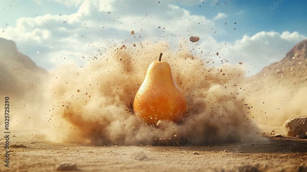 Poster a pear explodes in a cloud of dust in a desert landscape.