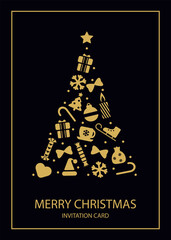 Christmas card with Christmas tree and lettering. Elegant poster with Christmas decorations. Golden baubles on dark background. Good for Invitation, Card, Poster. Christmas tree made from ornaments