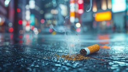 A Smoldering Cigarette on a Wet Urban Street