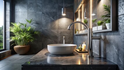 Discover a stylish urban bathroom in dark gray, highlighted by a contemporary white sink, ideal for modern exploration photography and aesthetic inspiration.