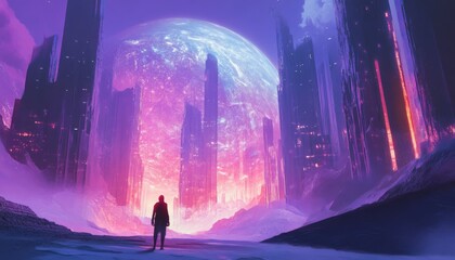 A lone figure stands in a futuristic cityscape with a giant planet rising in the background.