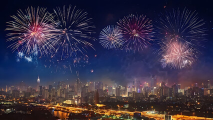 Fireworks in the city image wallpaper. New year's eve celebration, abstract fire background, holiday festive season party event landscape. Colourful star display illuminate night sky. 3d modern design