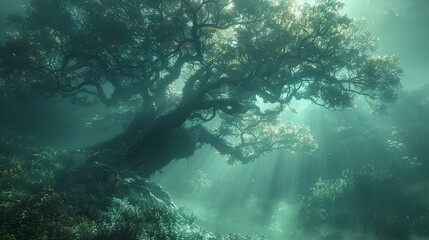 Fototapeta premium Enchanted Forest: Sunlight Through the Mist