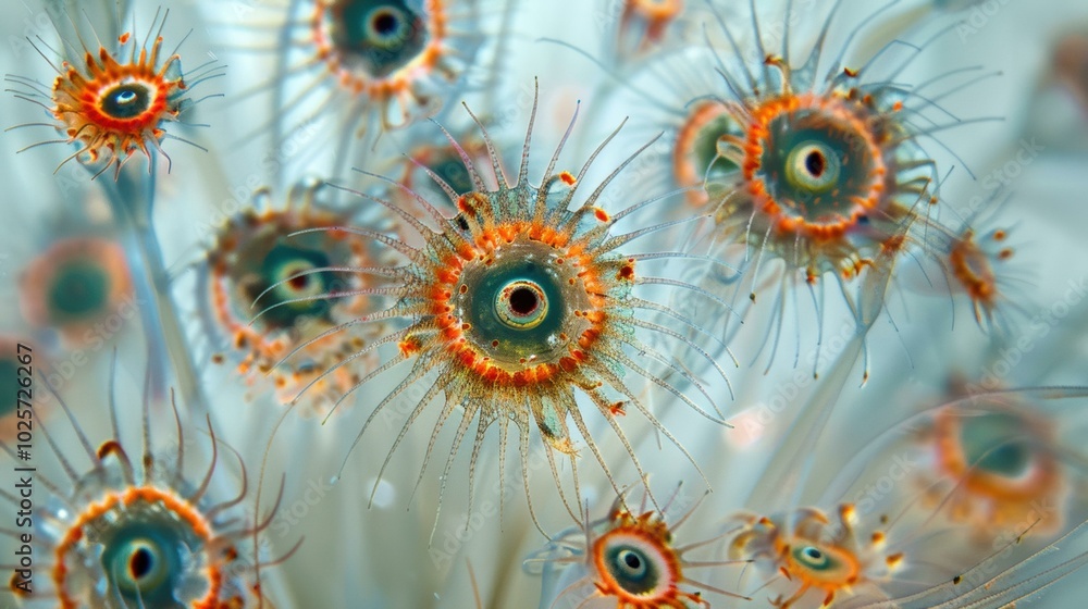 Poster Close-up of a cluster of colorful sea anemones. AI.