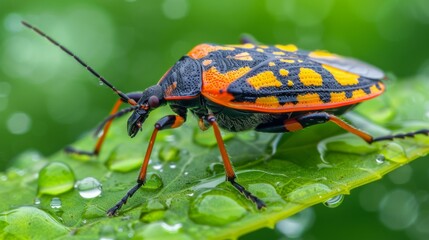 Fototapeta premium A brightly colored beetle sits on a leaf. AI.