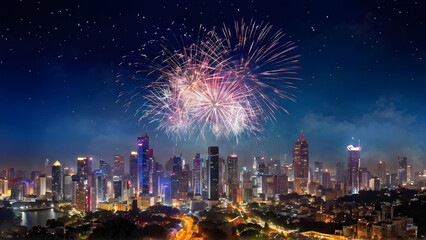 Obraz premium Fireworks in the city image wallpaper. New year's eve celebration, abstract fire background, holiday festive season party event landscape. Colourful star display illuminate night sky. 3d modern design