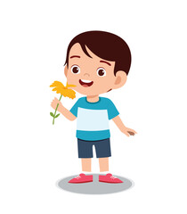 Fototapeta premium Little boy smelling a flower showing a Smell