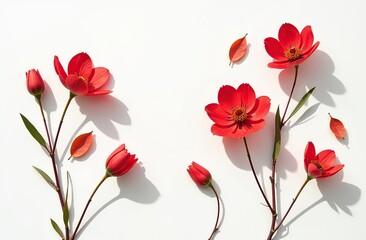 Floral autumn still life with red flowers on white background, Autumnal flowery pattern, beautiful shadow from sunlight. Scenery beauty Nature design, minimal style aesthetic flat lay view