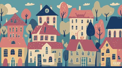 Fototapeta premium Whimsical Forest Hamlet: Storybook Style Illustration, Perfect for Children's Books and Digital Art Creations, Showcasing Winter and Nature's Beauty