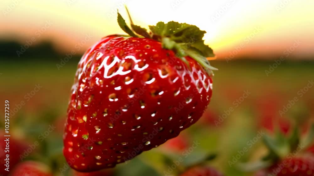 Poster a 360-degree rotating video of a ripe strawberry with key light, soft focus background and visible s