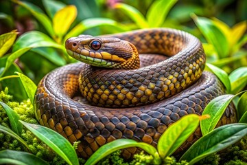 Fototapeta premium A green snake is curled up in a leafy green bush
