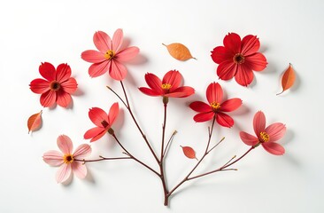 Floral autumn still life with red flowers on white background, Autumnal flowery pattern, beautiful shadow from sunlight. Scenery beauty Nature design, minimal style aesthetic flat lay view