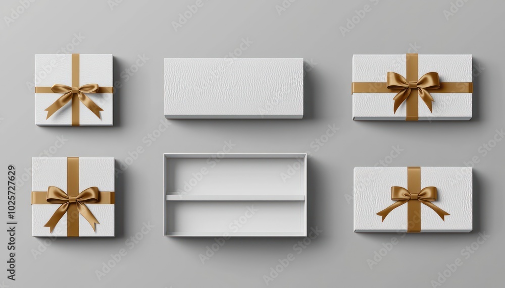 Poster grey backdrop isolates these realistic slide box mockups with easy-open ribbons.