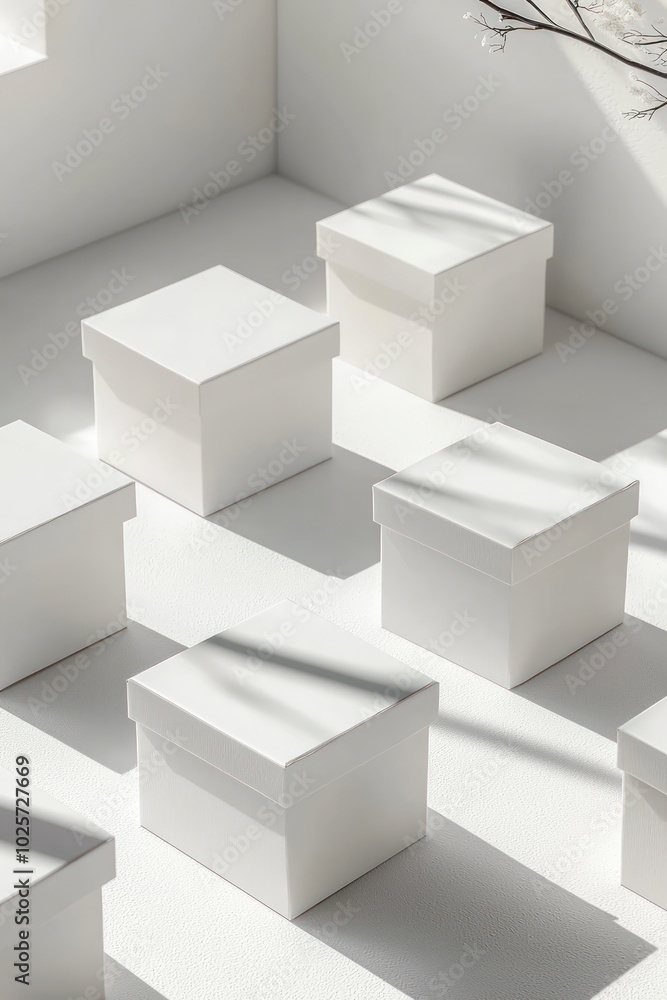 Aufkleber render a series of small white cardboard box mockups in realistic 3d vector format.