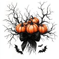 Naklejka premium Halloween pumpkins with black bows and bats, Watercolor illustration of three pumpkins tied with black bows, surrounded by twisted branches and bats, creating a spooky Halloween decoration.