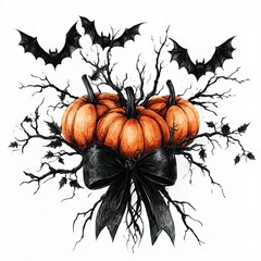 Naklejka premium Halloween pumpkins with black bows and bats, Watercolor illustration of three pumpkins tied with black bows, surrounded by twisted branches and bats, creating a spooky Halloween decoration.