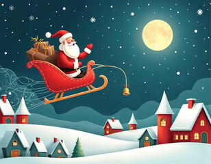 a cartoon illustration of santa is riding a sleigh with a christmas tree and moon in the background