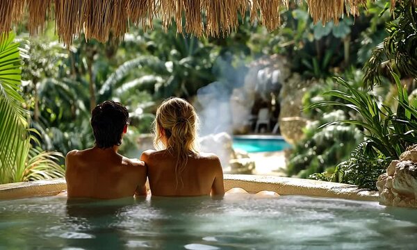A couple relaxes in a hot tub surrounded by lush greenery.