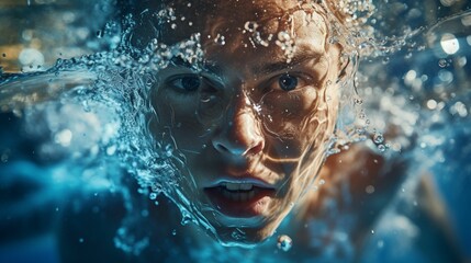 Fototapeta premium Underwater Macro Shot of a Man Swimming in a Pool, Close-Up Action Photography