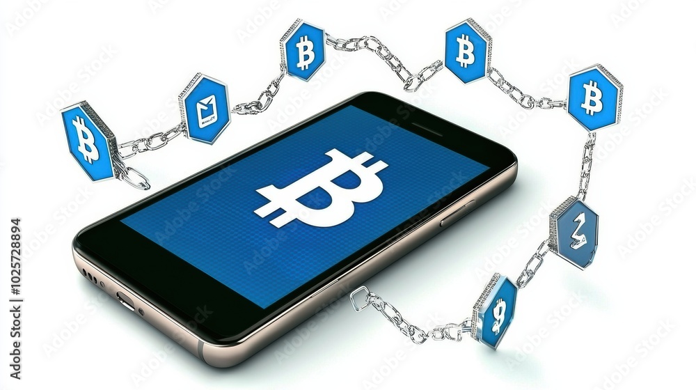 Poster smartphone with bitcoin symbols and blockchain elements