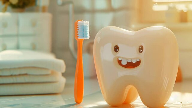 Digital model: 3d representation of tooth paired with toothbrush, emphasizing oral hygiene through precise detailing, visualizing importance daily care, proper brushing techniques for dental health.