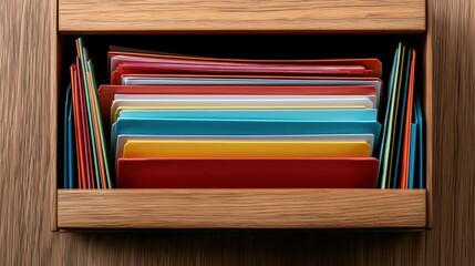Colorful file folders organized in a wooden drawer, showcasing an efficient filing system.