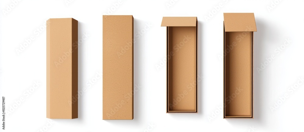 Poster open and closed lid views on tall rectangular box mockups, vector illustration.