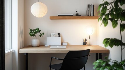 A Japandi-inspired home office with a natural wood desk