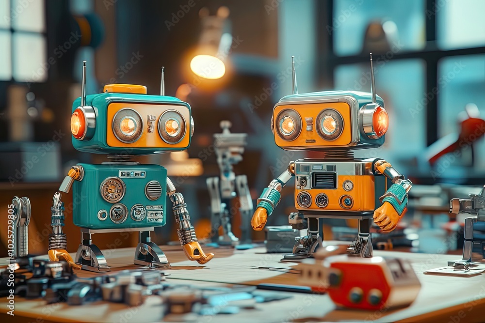 Poster two vintage robots working on a table in a workshop