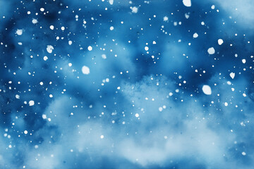 Watercolor blurred abstract background. Dark blue background with white splashes. Snowfall, winter. Night sky with stars. Background for a Christmas card.