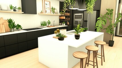A Japandi-inspired kitchen with a sleek white island