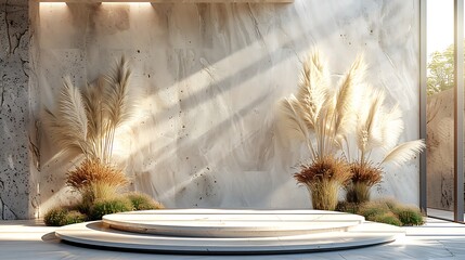 A close-up view of a white countertop displaying a few round white plates and a bunch of wheat.
