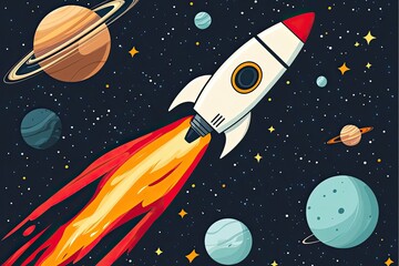 A Rocket Ship Launches Through Space With Planets and Stars