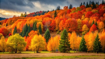 Experience a tranquil autumn scene with exquisite trees lining the forest edge, adorned in rich fall hues. Ideal for a cozy, seasonal accent in any setting.