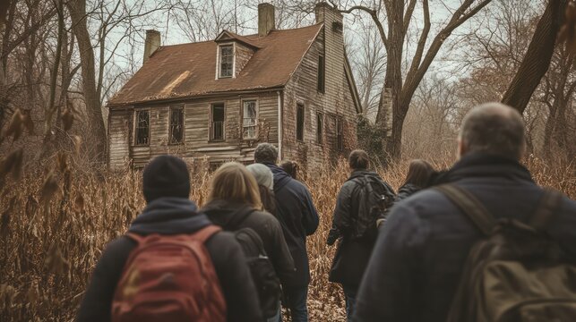 A tour group visiting a historical site tied to a famous unsolved crime, with eerie landmarks and tales of the past.
