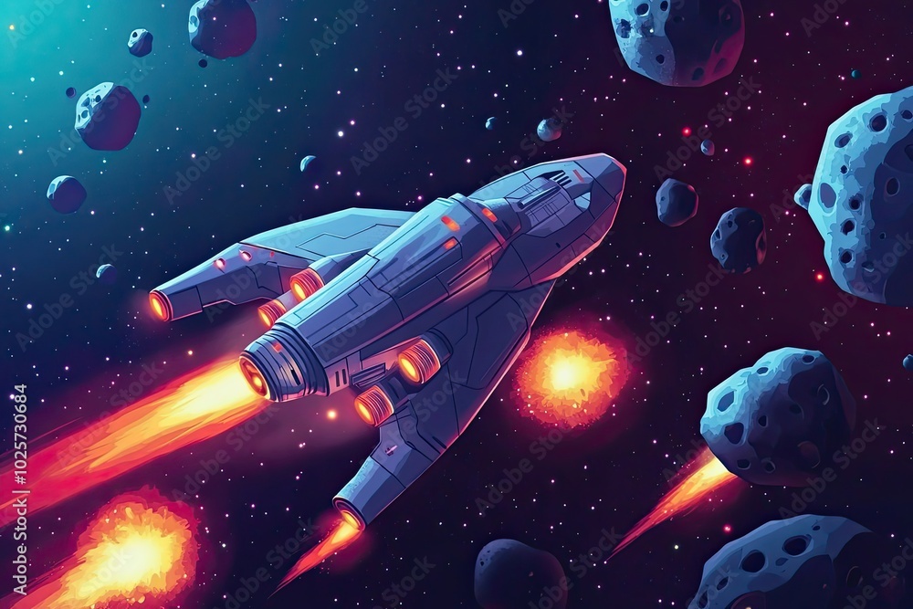 Poster spaceship with flaming thrusters navigating asteroid field
