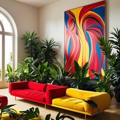 Modern pattern for design, colorful sofa, a modern chair, and a poster frame