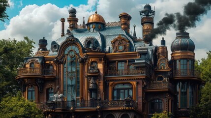 Obraz premium A steampunk mansion featuring ornate metal detailing, Victorian influence, and steam-powered machinery on the facade