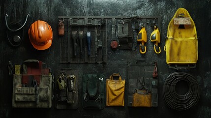 Collection of tools and equipment on a dark background.