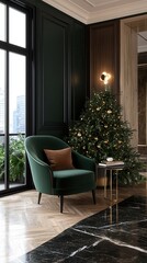 Fototapeta premium Elegant interior with green chair, festive tree, and modern decor, creating a cozy and inviting atmosphere for relaxation.