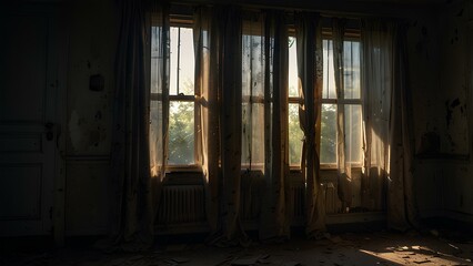 Mysterious Abandoned House with Faint Light Behind Tattered Curtains