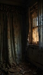 Mysterious Abandoned House with Faint Light Behind Tattered Curtains