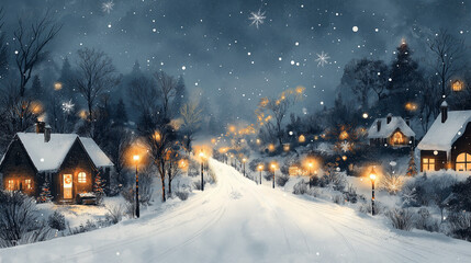 クリスマスイブの静かな夜、街の灯りと雪の交差点