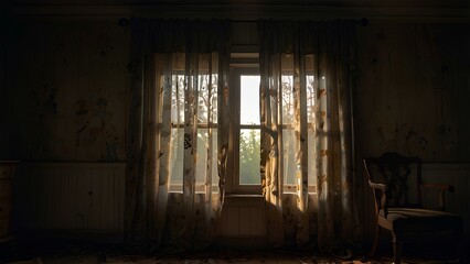 Mysterious Abandoned House with Faint Light Behind Tattered Curtains