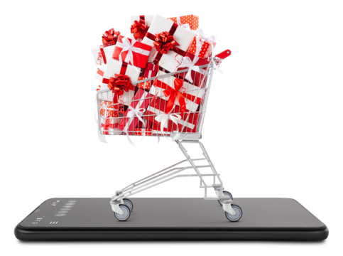 Christmas presents Shopping cart full of red gift boxes with bows comes out of the smartphone screen isolated on white background, concept for sale and offer promotion, web store or online shopping