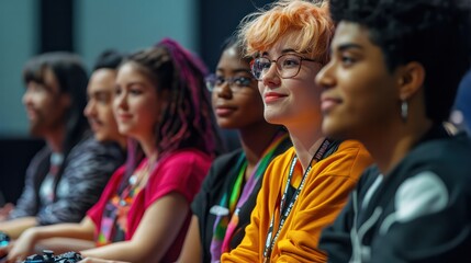 Fototapeta premium A diverse group of LGBTQ gamers at a convention panel discussing inclusion, representation, and the importance of safe gaming spaces