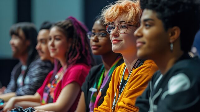 A diverse group of LGBTQ gamers at a convention panel discussing inclusion, representation, and the importance of safe gaming spaces