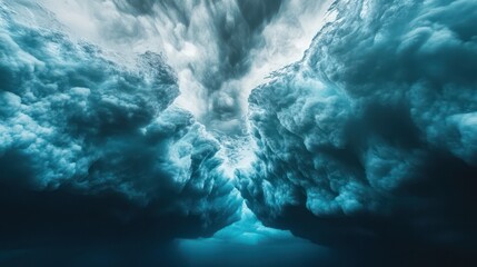 A breathtaking underwater iceberg landscape, with massive ice formations extending deep into the ocean.